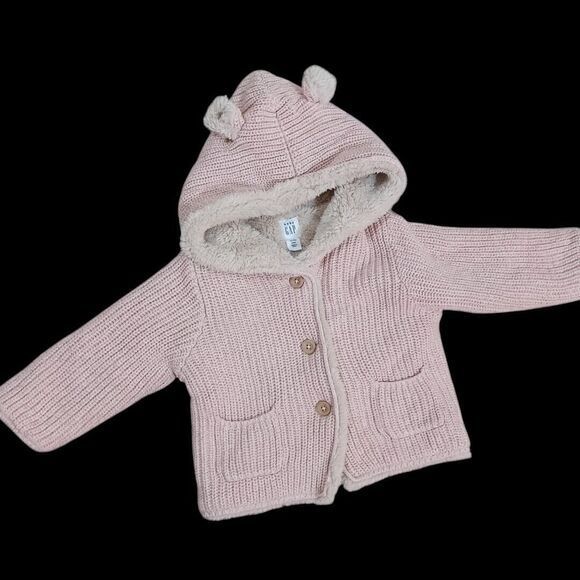 Baby Gap Button Up Knit Sherpa Brannan Bear Sweater 6-12 Months Pale Pink Brown - Picture 1 of 7